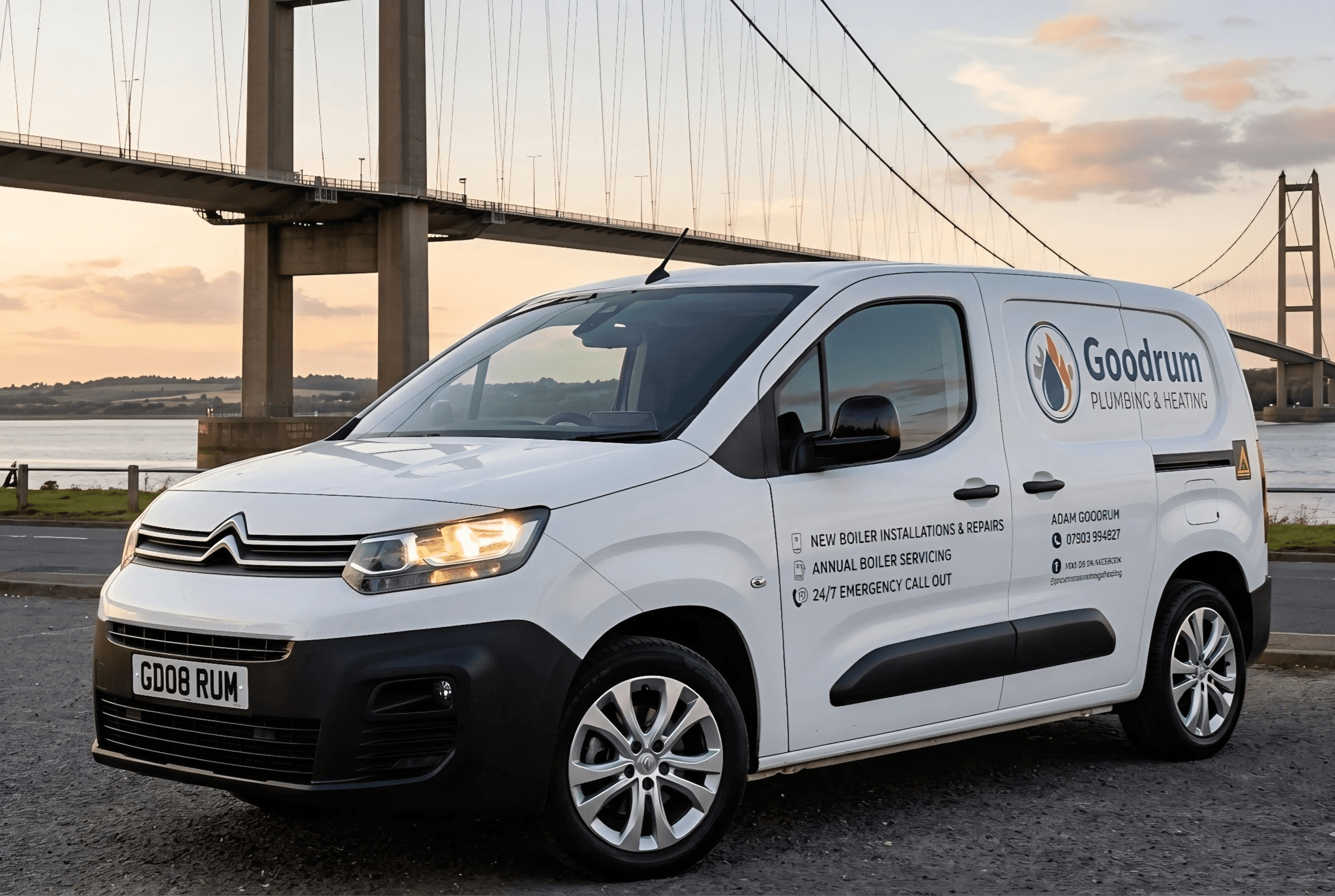 Goodrum Plumbing & Heating van in front of the Humber Bridge